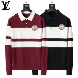 Louis Vuitton Men Striped Polo Knit Sweater Burgundy, Black #A69332