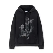 Off - White Black Hoodie With Artistic Graphic Print And Branded Details #B54196