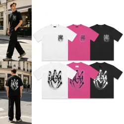 AMIRI Gothic Flame Logo Short Sleeve T‑Shirt, White Pink Black #A68040