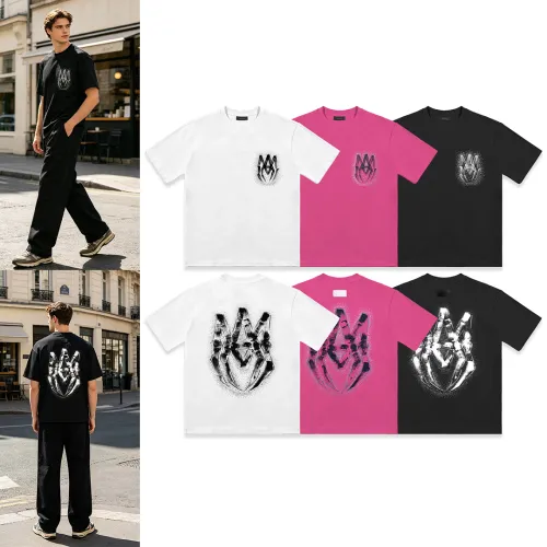 AMIRI Gothic Flame Logo Short Sleeve T‑Shirt, White Pink Black #A68040