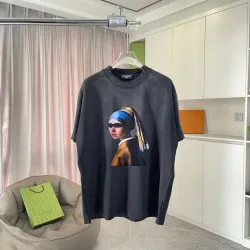 Vintage Washed Black Balenciaga T Shirt With Trendy Girl With A Pearl Earring Remix Print #B54359