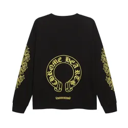 Chrome Hearts Long Sleeve Tee Gold Horseshoe Floral Print Logo Black #A68790