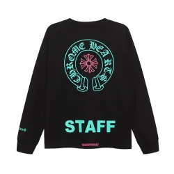 Chrome Hearts Long Sleeve Tee STAFF Print Horseshoe Cross Logo Black #A68789