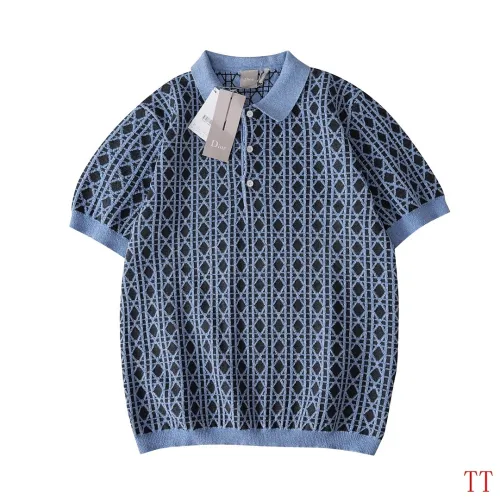 Dior Check Jacquard Wool Knit Short Sleeve Polo Shirt, Blue #A69053