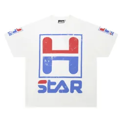 HELLSTAR White T - Shirt With Retro H - Star Graphic And Distressed Print Design #B54348