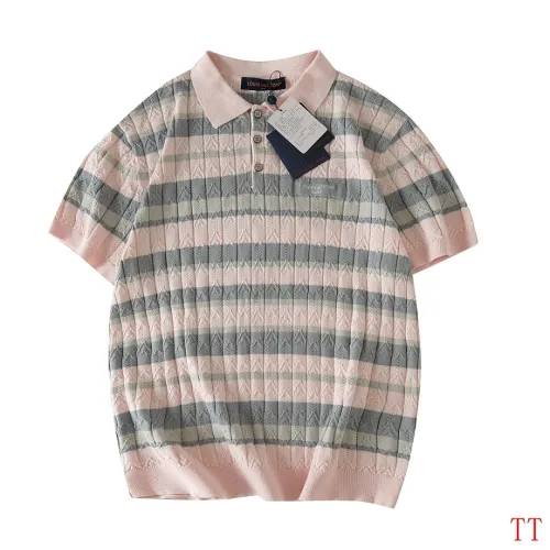Louis Vuitton Striped Cable Knit Short Sleeve Polo Shirt, Pink Grey #A69052