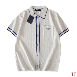 Louis Vuitton SS26 Waffle Contrast Trim Short Sleeve Knit Shirt, White Blue #A69054