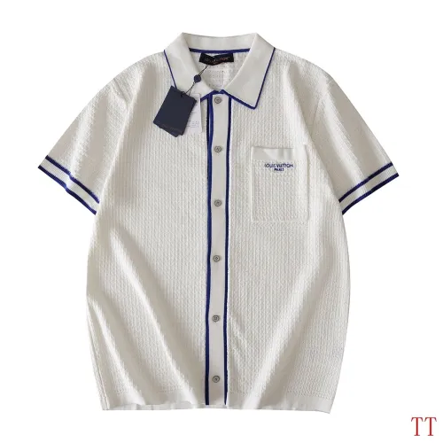 Louis Vuitton SS26 Waffle Contrast Trim Short Sleeve Knit Shirt, White Blue #A69054