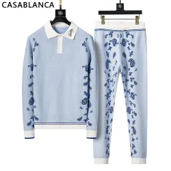 Casablanca Men Paisley Jacquard Polo Knit Tracksuit Light Blue, Black #A69323