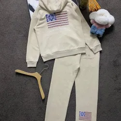 Chrome Hearts USA Flag Print Hoodie Tracksuit Set Top & Pants Oatmeal,Black #A69588