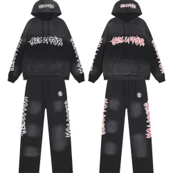 Hellstar Hoodie & Pants 2 Piece Set Pink Gothic Print Vintage Washed Outfit S-XL #A68779