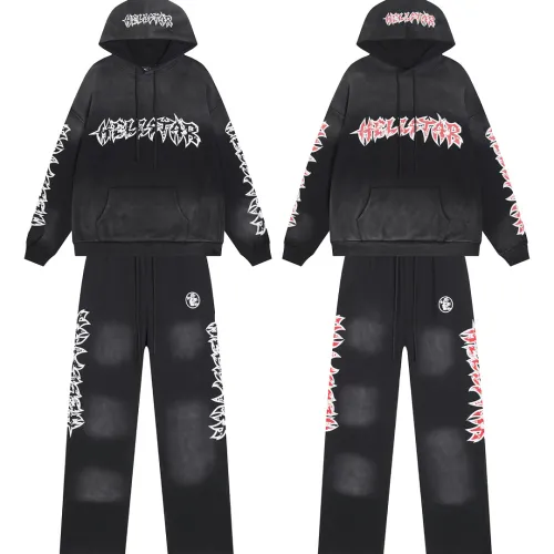 Hellstar Hoodie & Pants 2 Piece Set Red Gothic Print Washed Black #A68781