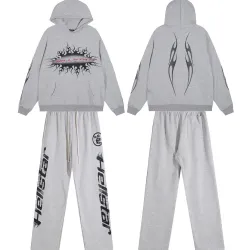 Hellstar Hoodie & Wide Leg Pant 2 Piece Set Flame Graphic Heather Grey, Black #A68782