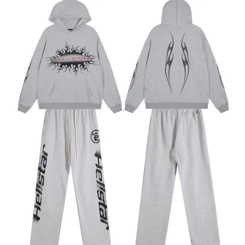 Hellstar Hoodie & Wide Leg Pant 2 Piece Set Flame Graphic Heather Grey, Black #A68782
