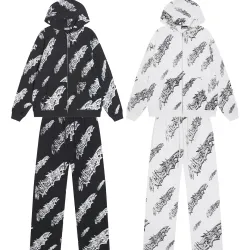 Hellstar Zip Hoodie & Pants 2 Piece Set Allover Graphic Print Black, White #A68784
