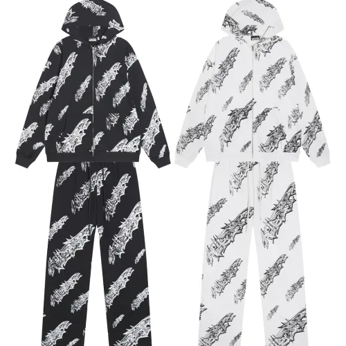Hellstar Zip Hoodie & Pants 2 Piece Set Allover Graphic Print Black, White #A68784