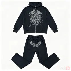 Spider‑5 Black Rhinestone Spider‑Web Zip‑Up Hoodie & Flare Pant Set #A68163