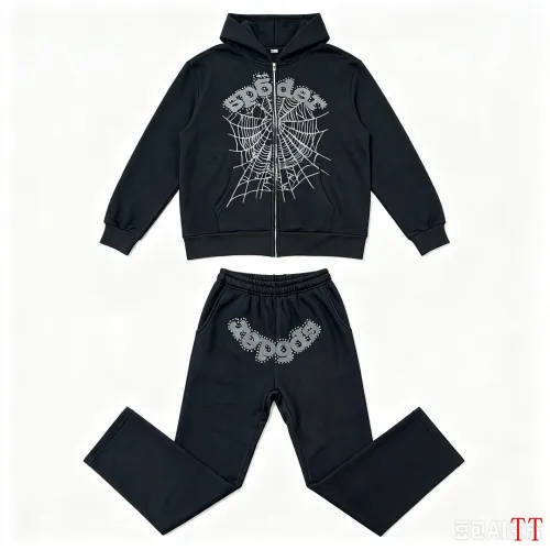 Spider‑5 Black Rhinestone Spider‑Web Zip‑Up Hoodie & Flare Pant Set #A68163