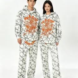 Spider‑5 Men Fleece‑Lined Zip‑Up Hoodie & Pants Set, White #A68156
