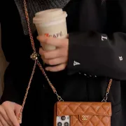 Chanel-Style Caviar Leather Quilted Phone Case with Adjustable  Golden Ball" Chain   Card Slot #B65266