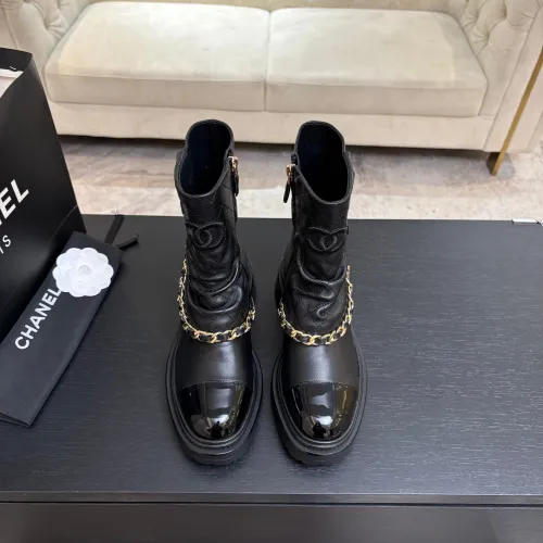 Chanel 26AW Square‑Toe Chain Chunky Heel Combat Boots #A68656