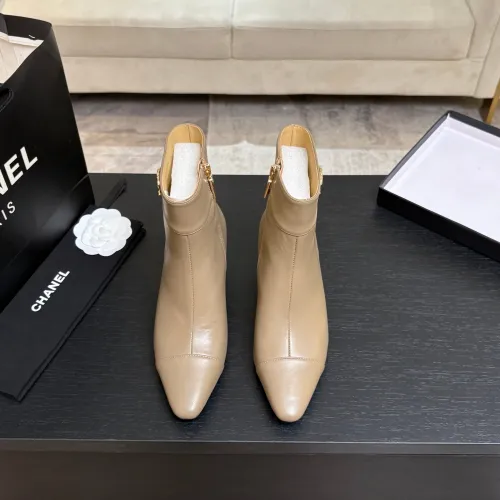 Chanel Beige Leather Ankle Boots with Gold Zip Closure & Pointed Toe for Women #A69865