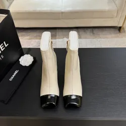 Chanel Beige & Black Leather Ankle Boots with Square Heel and CC Logo Toe Cap #A69907