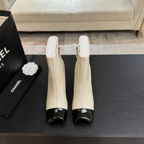 Chanel Beige & Black Leather Ankle Boots with Square Heel and CC Logo Toe Cap #A69907