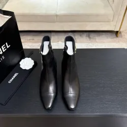 Chanel Black Leather Ankle Boots with Gold Tone Side Zip and Pointed Toe #A69864