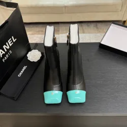Chanel Black Leather Ankle Boots with Turquoise Cap Toe & Gold CC Logo, Side Zip Closure #A69911