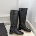 Chanel Black Quilted Knee Boots with CC Logo, Glossy Calf Leather, Low Heel Women's Boots #A69866