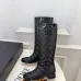 Chanel Black Quilted Knee Boots with CC Logo, Glossy Calf Leather, Low Heel Women's Boots #A69866