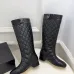 Chanel Black Quilted Knee Boots with CC Logo, Glossy Calf Leather, Low Heel Women's Boots #A69866