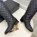 Chanel Black Quilted Knee Boots with CC Logo, Glossy Calf Leather, Low Heel Women's Boots #A69866
