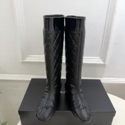 Chanel Black Quilted Knee Boots with CC Logo, Glossy Calf Leather, Low Heel Women's Boots #A69866
