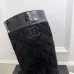 Chanel Black Quilted Suede Knee Boots with Glossy Patent Trim & CC Logo Accents #A69869