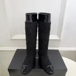 Chanel Black Quilted Suede Knee Boots with Glossy Patent Trim & CC Logo Accents #A69869