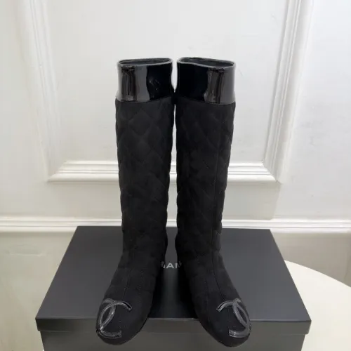 Chanel Black Quilted Suede Knee Boots with Glossy Patent Trim & CC Logo Accents #A69869