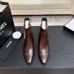 Chanel Brown Leather Ankle Boots for Women – Pointed Toe, Gold Zip Detail, Mid-Heel #A69863 Chanel Brown Leather Ankle Boots for Women – Pointed Toe, Gold Zip Detail, Mid-Heel #A69863