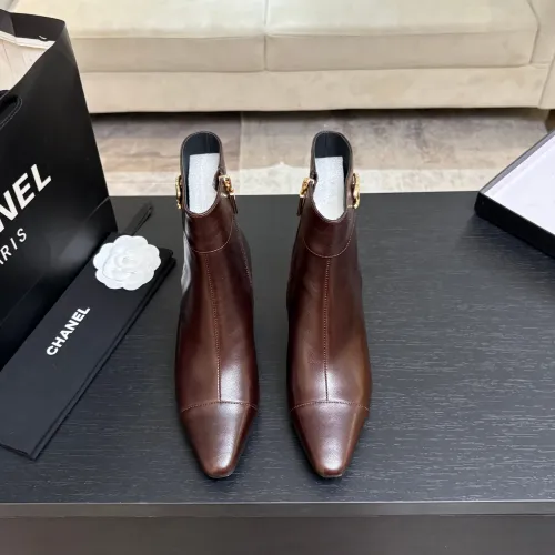 Chanel Brown Leather Ankle Boots for Women – Pointed Toe, Gold Zip Detail, Mid-Heel #A69863