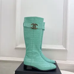 Chanel Mint Green Croc-Textured Knee Boots with Gold CC Buckle, Women's Fashion Boots #A69888