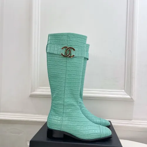Chanel Mint Green Croc-Textured Knee Boots with Gold CC Buckle, Women's Fashion Boots #A69888
