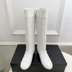 Chanel White Quilted Knee-High Boots for Women, Leather with CC Logo Accents #A69867