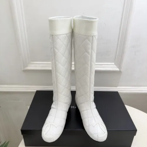 Chanel White Quilted Knee-High Boots for Women, Leather with CC Logo Accents #A69867