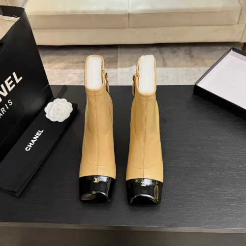 Chanel Women’s Beige & Black Cap-Toe Ankle Boots with Gold Zip and Block Heel #A69909