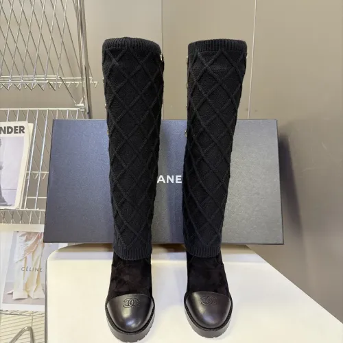 Chanel Women’s Black Knit Over-the-Knee Boots with Suede Toe Cap & Diamond Pattern #A69850