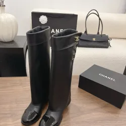 Chanel Women’s Black Leather Knee-High Boots with Gold CC Hardware & Gloss Toe Cap #A69847