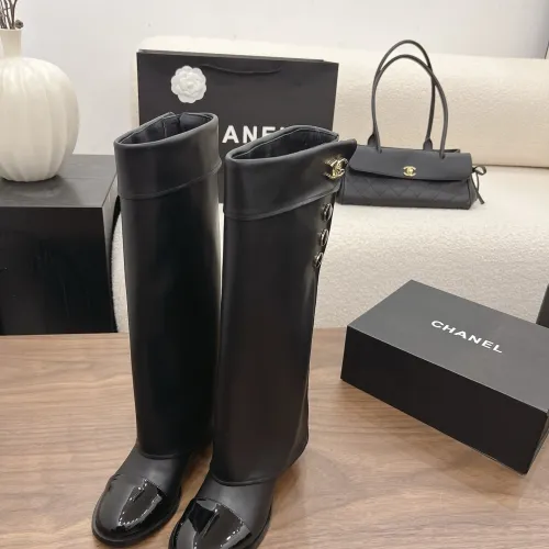 Chanel Women’s Black Leather Knee-High Boots with Gold CC Hardware & Gloss Toe Cap #A69847