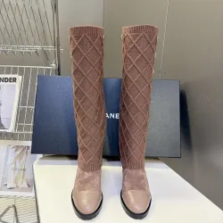 Chanel Women’s Brown Knit Over-the-Knee Boots with Suede Toe Cap & Diamond Pattern #A69849