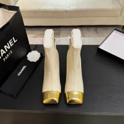 Chanel Women’s Cream Leather Ankle Boots with Gold Toe Cap & Block Heel #A69908
